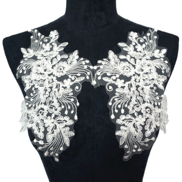 2Pcs Embroidery Flower Lace Applique Net Trim Sewing Collar Patch Motif Wedding Party Dress Bridal DIY Craft