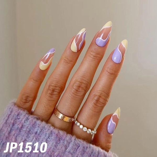 Light Purple Wave Pattern False Nails French Simple Blue Glitter Powder Starlight Press On Nails Olive Green Whitening Fake Nails with Glue for Ladie
