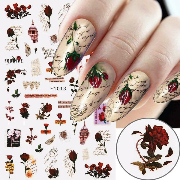 3D Vintage Rose Nail Stickers Watercolor Flower Plants Butterfly Nail Charms French Manicure Decorations Marble Decals LEBF1013