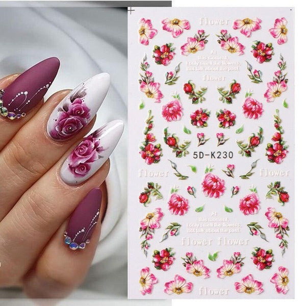 Purple Flower 5D Nail Stickers Watercolor Barley White Flowers Holigraphic Leaf Water Decals For Nail Art Manicure Decoration