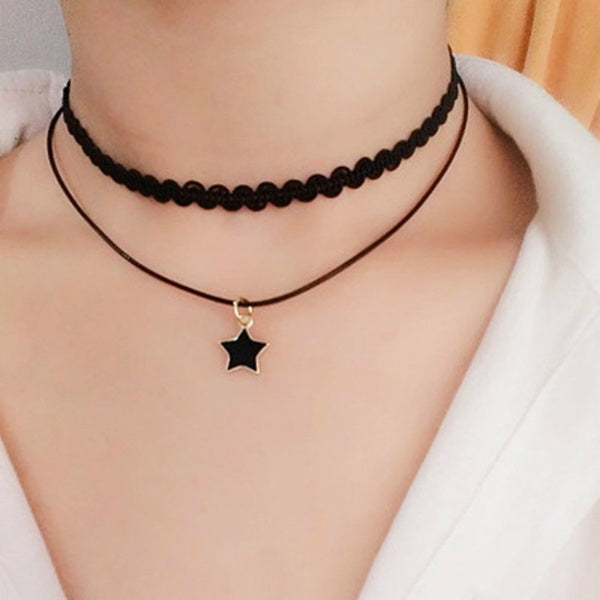 1 Pair Multi-layer Black Lace Velvet Choker Star Pendant Necklace Classic Gothic Lolita Choker for Women Jewelry