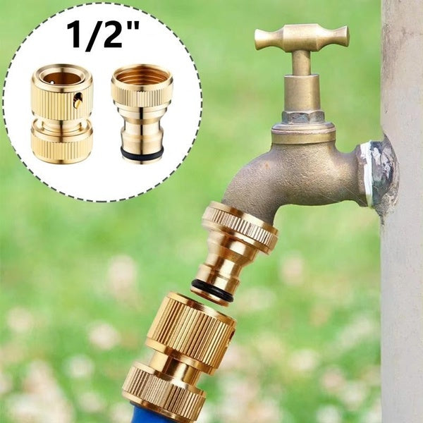 2pcs Quick Connect Garden Hose Kit 1-2" Faucet Connector All Brass Pass Through Water Connection Car Wash Nipple