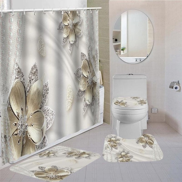 Home Decor Waterproof Shower Curtain Sets with 12 Hooks Toilet Seat Cover Bathroom Mat Non-slip Rug Carpet Polyester Fabric Washable Curtain for Wind