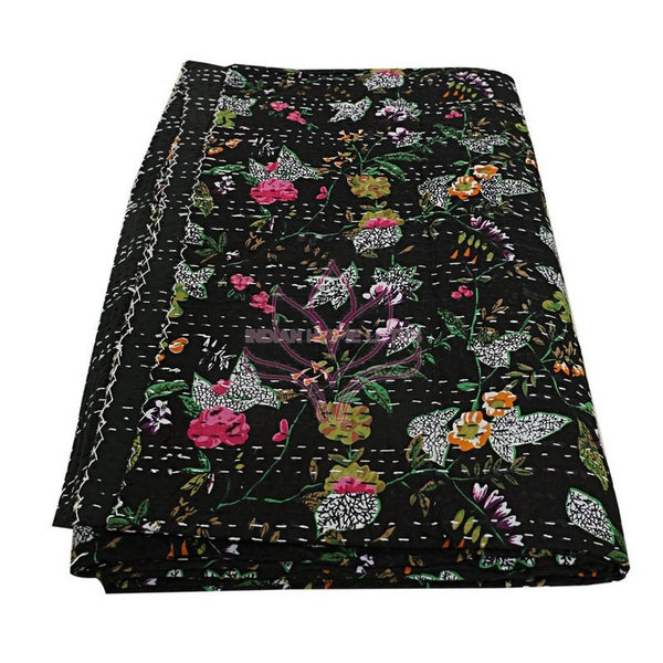 Bird Print Cotton Kantha Indian Quilts Throw Bedspread Handmade Bedding Blanket Hippie Twin Size Floral Coverlets Boho Hand Quilts JC97