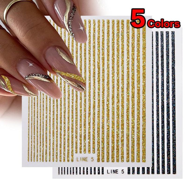 5 Colors Nail Stickers 3D Lines Holographic Scallion Powder Line Sticker Metal Stripe Decals Curve Gel Nails Art Sliders Manicure Decor