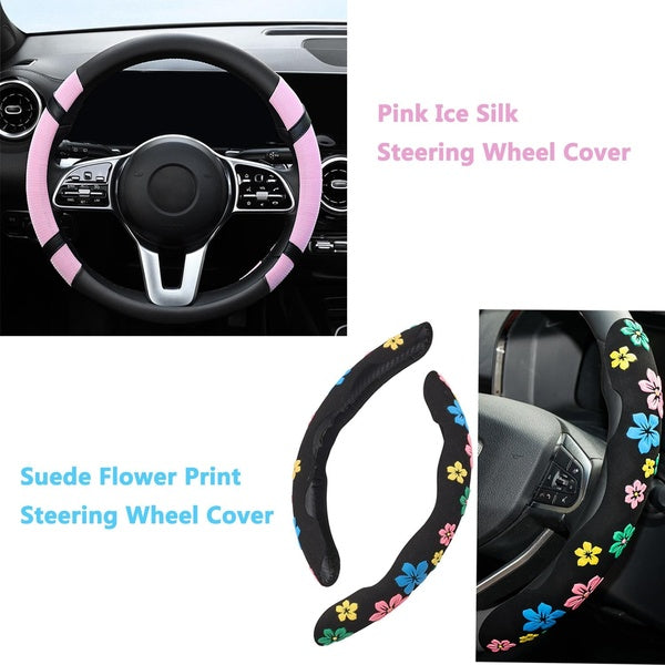 Universal Suede Car Steering Wheel Cover Hubs Booster Ultra-thin Floral Print Anti-slip For Women Lady Car Interior Accessories