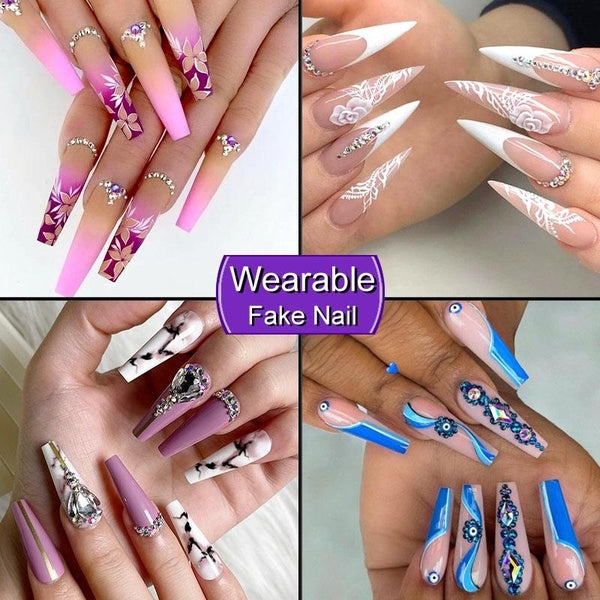 New Fake Nail Art Wearable Long Coffin Nail Pink Flower Pointed Nail White Rose Diamond Marble Blue Stripe Tips Press on Nails Manicure Decoration Se