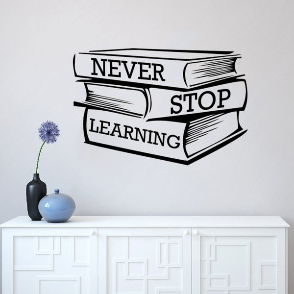 Lettering Study Books Wall Sticker Never Stop Learning Motivational Quote Wall Decal Library Classroom Decor Vinyl Mural.