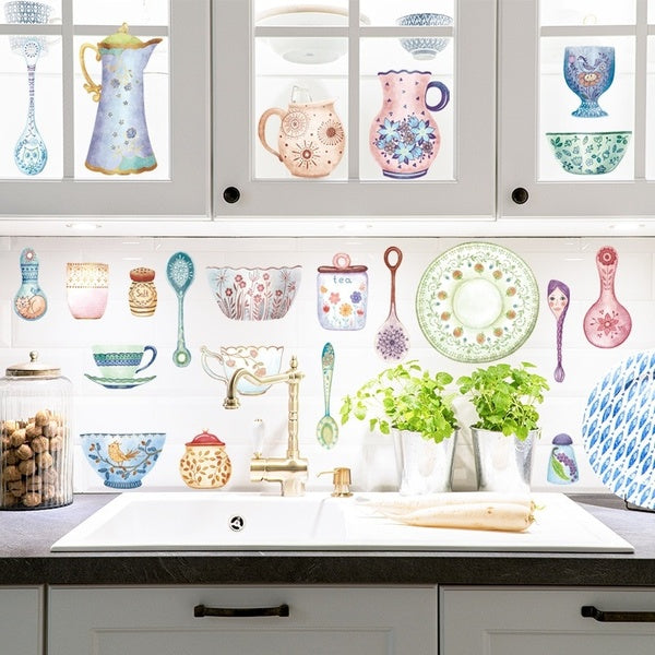 DIY Hand-painted Cartoon Tableware Bowl Decorative Sticker Kitchen Window Fridge Self-adhesive Sticker Cabinet Decals
