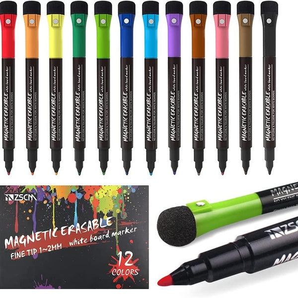 12 Colors Fine Tip Dry Erase Markers with Erasers, Low Odor Fine Point Erasable Whiteboard Marker Pen for Student Classroom Work Office Back to Schoo