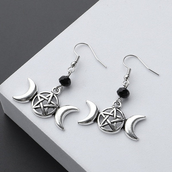 1Pair Gothic Triple Moon Pentagram Earrings Wicca Jewellery Design Pentacle Star Dangle Earring Pagan Witch For Women Jewelry Gifts