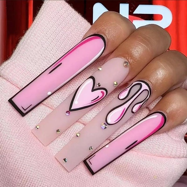 3D Fake Nails Set Press on Faux Ongles Long French Coffin Tips Pink Heart Graffiti DIY Manicure Supplies False Acrylic Nail Kit