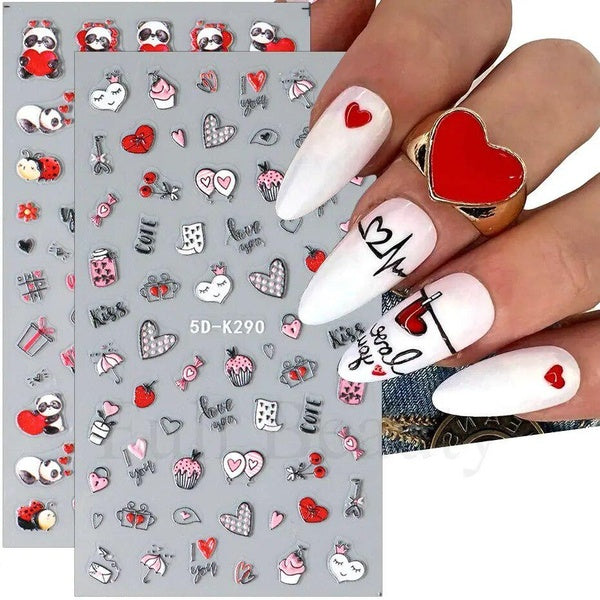 Valentine Heart Nail Sticker Cute Cartoon Panda Animal Flowers 5D Nail Art Decals Letters Embossed Sliders Decoration Manicure
