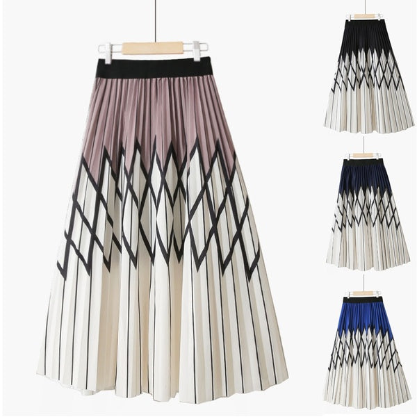 Summer Womens High Waist Geometric Print Pleated Skirts Ladies Party Midi A-Line Skirt