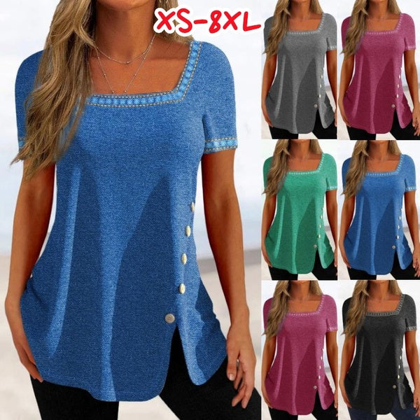 XS-8XL Women's Fashion Summer Clothes U-neck Short Sleeved Tops Ladies Solid color Blouses Casual Irregular Hem T-shirt Button Stitching Blouses Loos