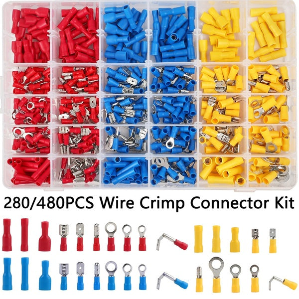 280-480Pcs Assorted Spade Terminals Insulated Cable Connector Electrical Wire Crimp Butt Ring Fork Set Ring Lugs Rolled Kit Box