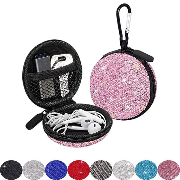 Earphone Case Earbuds Small Carrying Cases Bling Rhinestone Crystal Portable Headphone Organizer Storage Pouch Bag