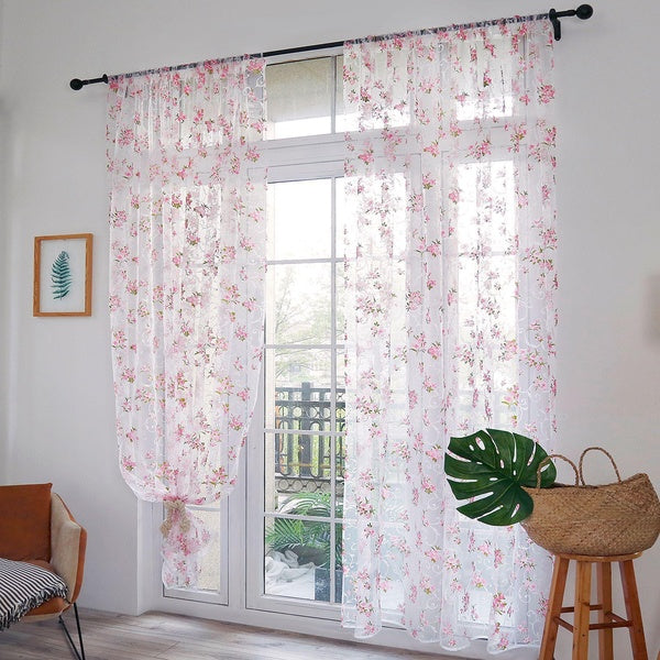 1pc Tulle Curtains Window Voile Curtain Chic Room Peach Blossom Floral Sheer Curtain Pastoral Curtains for The Living Room Bedroom