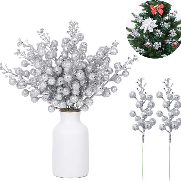 Glitter Silver Berry Stems,14 Pcs 7.8 Inch Artificial Christmas Tree Picks Decoration and Christmas Tree Filler Ornaments,DIY Xmas Wreath, Holiday an