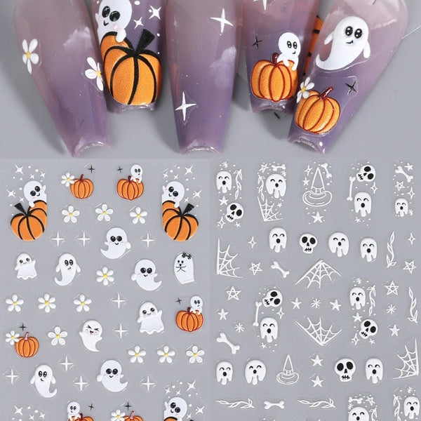 Cartoon Ghost Pumpkin Nail Art Stickers 5D Cute Halloween Star Spider Web Skull Magic Hat Flower Anime Design Festive Nail Art Decoration DIY