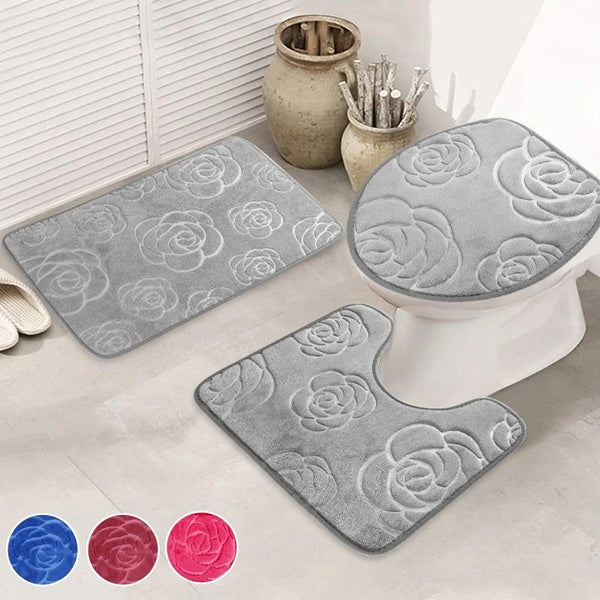 Memory Foam Bath Mat Set, 1-3pcs-Set Super Soft Absorbent 3D Rose Embossed Bath Rug and Contour Rug, Machine Washable, Suitable for Tub Shower and Ba