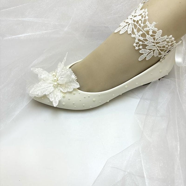 Chaussures de mariage en dentelle blanche faites à la main pour femmes, chaussures plates de demoiselle d'honneur, EU36-43