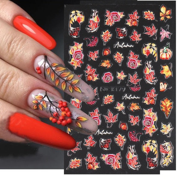 5D Maple Leaf Fall Inspired Nails Design Autumn Nail Stickers Pumpkin Wing Decals Thanksgiving Manicure Sliders Foils SA5D-K179