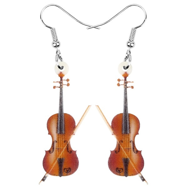 Acrylic Wood Color Fiddle Violin Instrument Earrings Printing Dangle Drop Novelty Jewelry for Women Girls Kids Gifts Charms Decoration