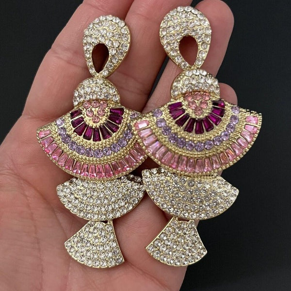 Strass Dangle Articulé Fan Rose Violet Boucles d'Oreilles Percées Bling