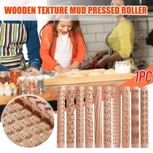 1PC Wooden Texture Rolling Pin Ceramic Pottery Art Embossed Rod Flower Pattern Mud Roll Roll Reliefs DIY Clay Craft Tool