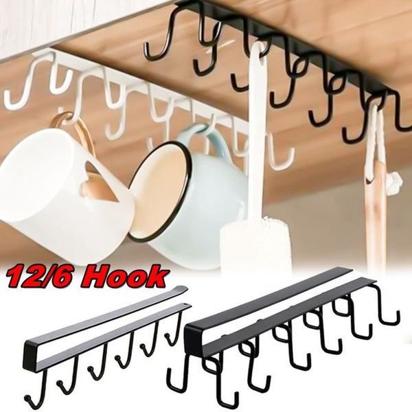 2022 New 12-6 Hook Household Punch-free Wall Cabinet Hook Single-Double-row Hook Hanging Cup Holder Kitchen Iron Hook Rack Wall-Mounted Storage Rack