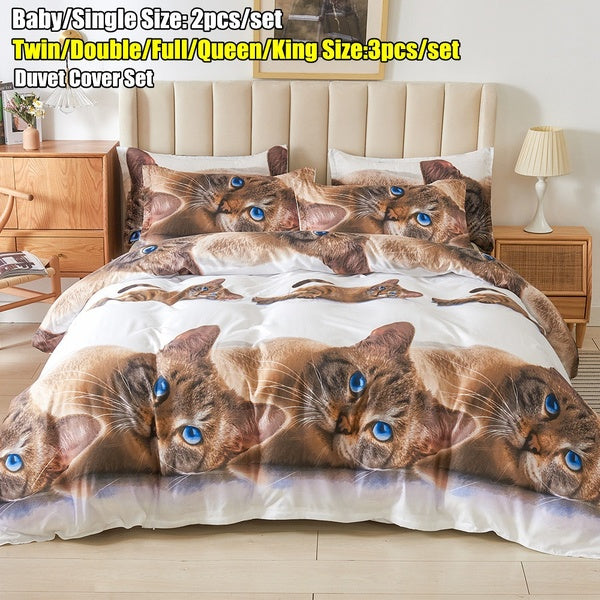 3D Cute Cat Bedding Sets,3D Bed Quilt Cover +Pillow Cases Baby Single Twin Double Full Queen King Size Bedding Sets, Reactive Printing Beds, Light We