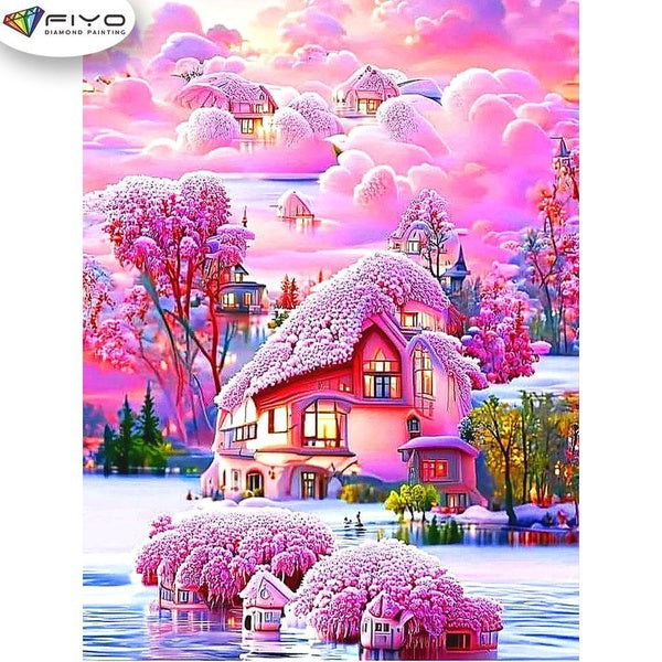 FIYO Pink Castle Diamond Painting Kits For Adults DIY 5D Diamond Mosaic Diamond Painting Home and Kitchen Fashion Canvas Pictures Wall Decoration Gif