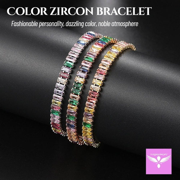European and American colored zircon bracelets 2.5*5mm rectangular full diamond tennis bracelets, fashion accessories bracelets for women.