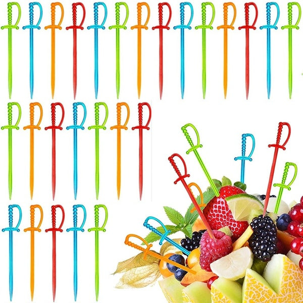 100pcs Creative Transparent Plastic Sword Shaped Fruit Forks Needle Cake Dessert Practical Small Forks Party Kitchen Tools