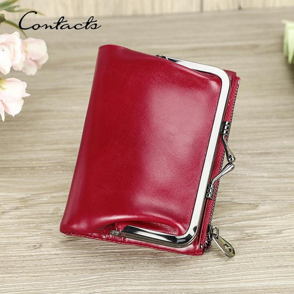 CONTACT'S Genuine Leather Wallets for Women Short Bifold Fashion Women's Purses Metal Frame RFID Card Holders Coin Purses Money Clips Female Bags