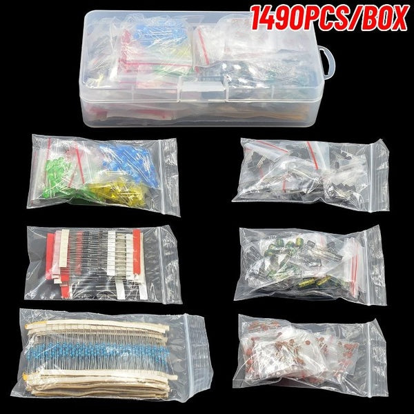 1490pcs-box Electronics Component Assortment Kit, 600pcs Metal Film Resistors, 200pcs LED Diodes, 100pcs Common Diodes, 170pcs Transistors, 120pcs El