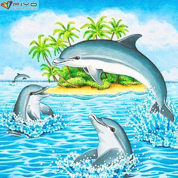 FIYO Dolphin DIY 5D Diamond Painting Full Drill with Number Kits Home and Kitchen Fashion Cross Stitch Embroidery Paintings Canvas Pictures Wall Deco