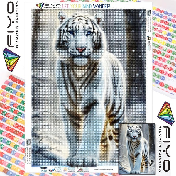 FIYO DIY 5D White Tiger Diamond Painting Full Drill with Number Kits Home and Kitchen Fashion Mosaic Diamond Painting Canvas Wall Decoration Gift Cra