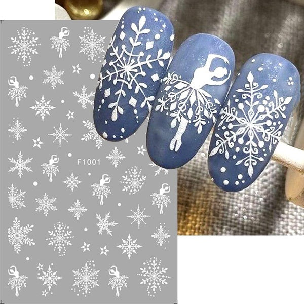 3D White Snowflake Nail Stickers Decal Winter Snow Star French Tips Self Adhesive Gel Polish DIY Christmas New Year Manicure