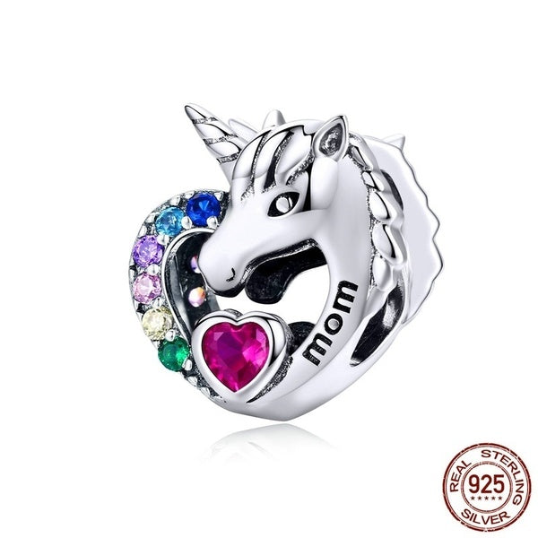 BISAER Heart Licorne Charms Real 925 Sterling Silver Colorful Zircon DIY Jewelry Charms Fit Bracelet Necklace Give Mom On Mother's Day