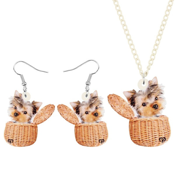 Acrylique Sweet Basket Yorkie Yorkshire Chien Ensembles de Bijoux Doux Animaux Animaux Boucles D'oreilles Collier pour Femmes Dames Cadeau Charme Acc