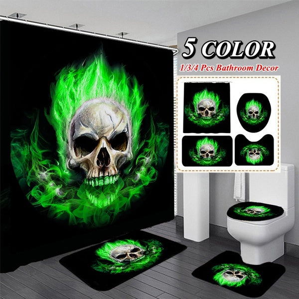 1-3-4 Pcs Bathroom Set 5 Colors Flame Skull Shower Curtain Waterproof Shower Curtain Set Non-slip Mats Bath Mat Toilet Seat Cover Floor Mat Bathroom