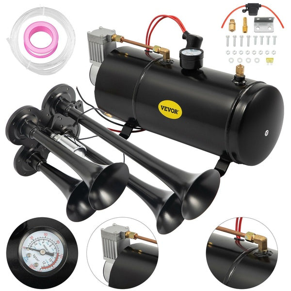 4 Trumpet Air Horn 12V Compressor Kit Blue Tank Gauge for Car Train Truck