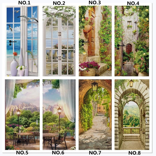 Luxury Natural Scenery Door Sticker Curtain Landscape Art Painting Poster Self-adhesive Wallpaper Front Doors Decal Wall Decor