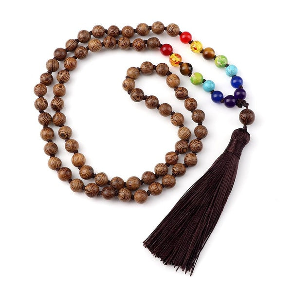 8mm Wooden Beads 7 Chakra Necklace Meditation Yoga Long necklace Tassel Necklaces for Women Men Knotted Healing Mala Rosary Jewelry
