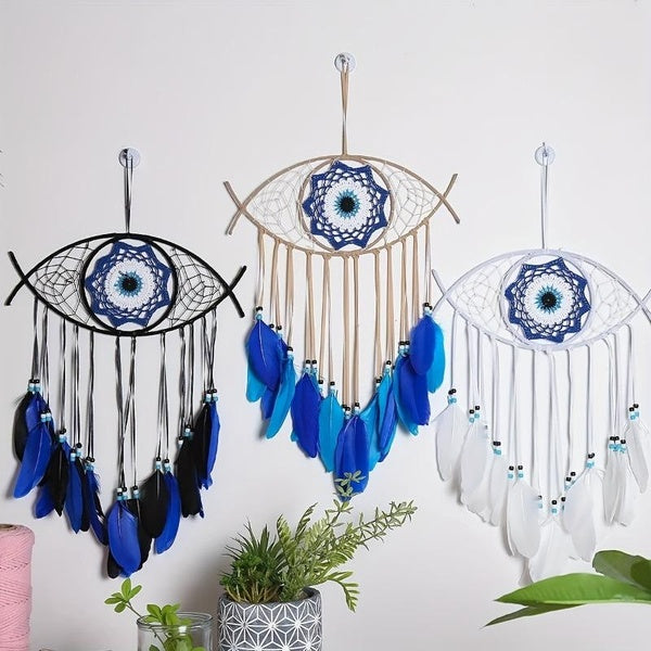 Evil Eye Dream Catcher Boho Room Decor Handmade Eye Wall Decor Blue Feather Dreamcatcher Wall Hanging Wall Art Living Room Gift