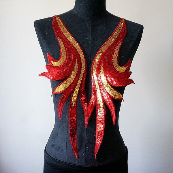 1 Pair Sequin Red Embroidery Lace Applique Sewing Flower Collar Patch Wedding Party Gown Bridal Dress DIY