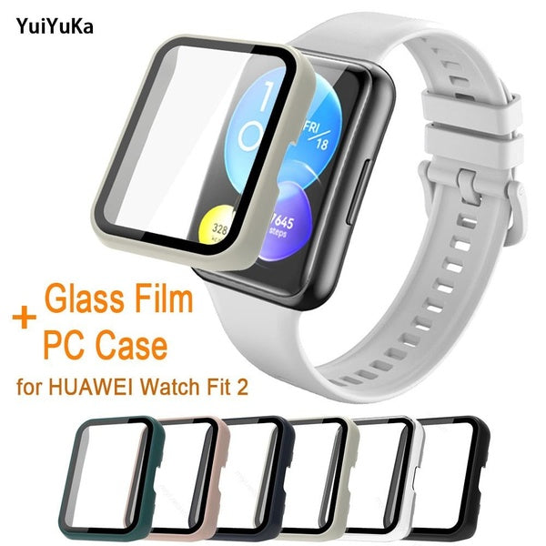 YuiYuKa Tempered Glass with Cover for HUAWEI Watch Fit 2 Full Screen Protector for HUAWEI Fit2 Bumper Glass Film PC Case Smart Watch Accessories Matron Inn