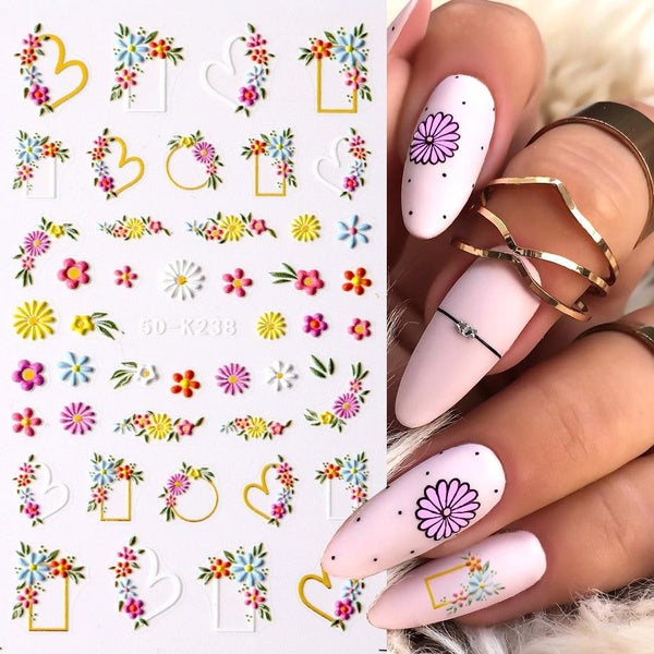 5D Daisy Flower Nail Stickers Embossed Sunflower Rainbow Cartoon Pearl Girl Nail Art Summer French Designs Manicure Decoration